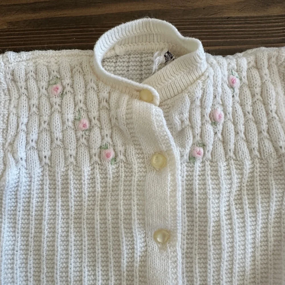 Baby Sears & Roebuck White Knit Cardigan Sweater Pink Floral 12 Months Vintage